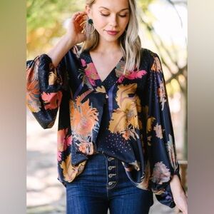 JODIFL Silk Black Floral Blouse w Long Balloon Sleeves Women’s Top